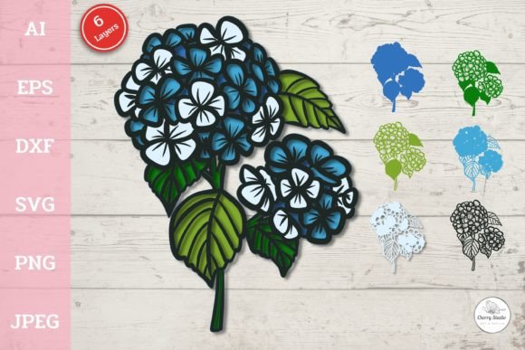 3D Layered Hydrangeas Flowers: A Laser Cut Wall Decor Asset for Branding