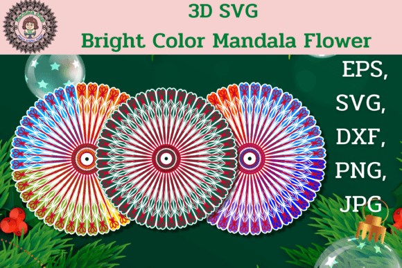 3D SVG Bright Color Mandala Flower for Laser Cutting and Winter Christmas Projects