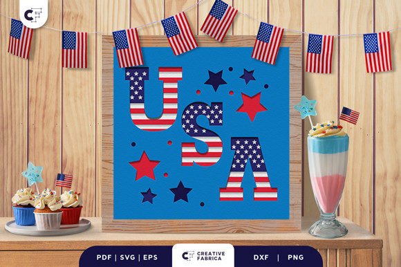 USA Text Sign Shadow Box Paper Cut 3D SVG for Independence Day Projects